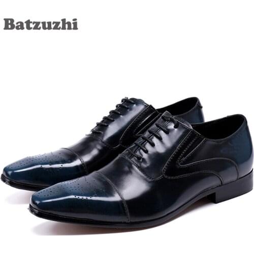 Batzuzhi Luxury Fashion Man Shoes Lacing Up Leather Shoes Men Oxford Shoes for Men Wedding/Business Sapatos Masculino Blue/Red