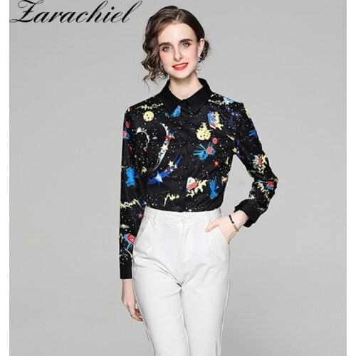 Fashion Autumn Cartoon Space Blouses Streetwear Female Long Sleeve Turn Down Collar Single Breasted Tops Print Runway Shirts