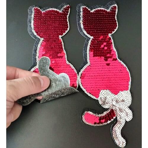 Largr Cats Iron On Patches For Clothing Red Sequins Biker Badge Embroidery Fabric Sequined Patch Clothes Stickers Christmas
