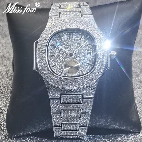 Hip Hop MISSFOX Fully Iced Out Mens Watches Stainless Steel Top Brand Luxury Waterproof Quartz Wrist Watch Trend Business Watch