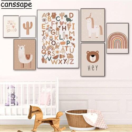 Nursery Wall Art Canvas Painting Alpaca Unicorn Bear Poster Alphabet Print Rainbow Posters Boho Wall Pictures Baby Bedroom Decor