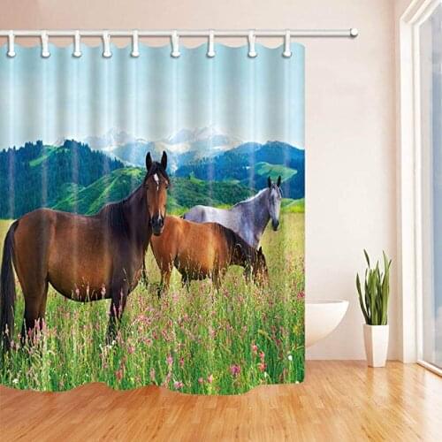 Duschvorhang mit Pferdemotiv, strapazierfähiger Stoff, Schimmeleffekt, mit 12 Haken, 180 x 180 cm