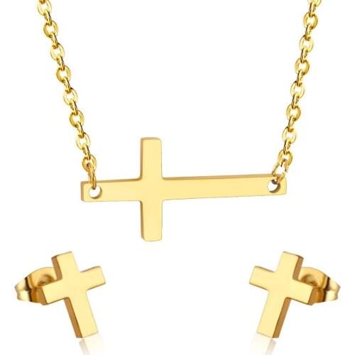 LUXUKISSKIDS New Punk Jewelry Sets Stainless Steel Cross Necklace Gold Dubai Indian Earring Jewellery Sets For Women Accessories