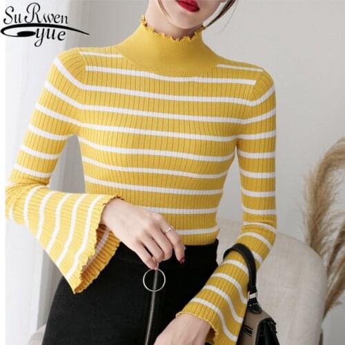 Korean Slim Long Sleeve Autumn Winter Knitted Women Sweater Striped Bell Sleeve Semi-high Collar Sweater Women Sweet 6837 50