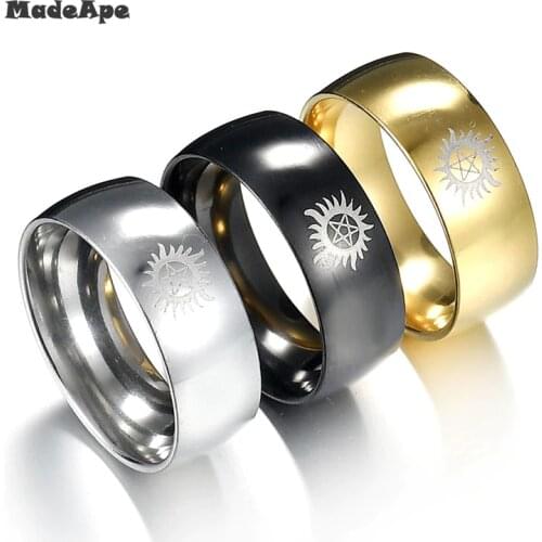 MadApe Titanium Stainless Steel 8mm Sun Force Evil Supernatural Ring For Women Men Ring Party Jewelry Gift