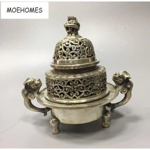 MOEHOMES Chinese old antique silver dargon Double layer, hollowed out statues incense burner home decoration metal crafts