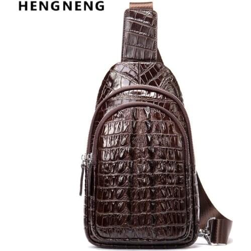 Crocodile Pattern Chest Bag Mens Leather Casual Shoulder Messenger Bag Large Capacity Soft Head Layer Cowhide Backpack Fashion