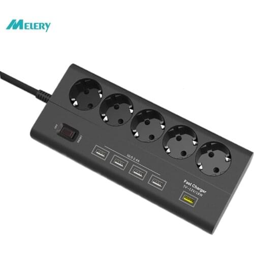 Multiple Power Strip 5 EU Outlets Plug Socket USB QC 3.0 Quick Charge Port for Smartphones Tablets Devices 1.8M Extension Cord