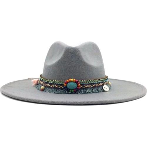 New Men Women Wide Big Brim Wool Felt Fedora Panama Hat with Belt Buckle Jazz Trilby Cap Party Formal Top Hat In gray,black