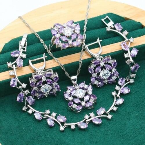 New 925 Sterling Silver Jewelry Sets For Women Wedding Purple Zircon Bracelet Earrings Necklace Pendant Ring Free Gift Box 4PCS