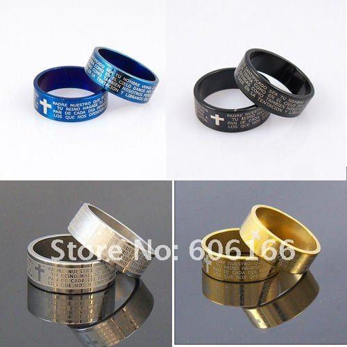 Wholesale 8mm MIX Color Spanish Bible Lords Prayer Cross Ring Stainless Steel Rings Fashion Religious Jewelry