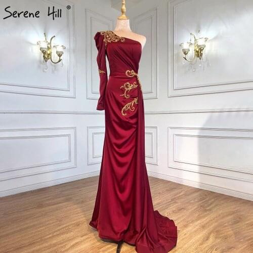 Serene Hill Dubai Burgundy Luxury Beaded Mermaid Evening Gown 2021 Sexy One Shoulder For Women Formal Party Dress CLA71320