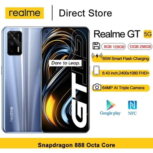 Realme GT 5G Mobile Phones 6.43" FHD+ Snapdragon 888 Octa Core NFC Android 11 Smartphone 4500mAh Battery 64MP AI Triple Cameras