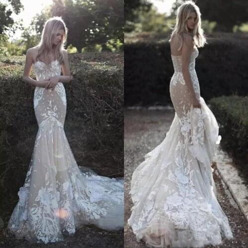 Vintage Champagne Lace Mermaid Wedding Dresses With Sweep Train Sleeveless Sweetheart Backless Bridal Gowns robe de mariée