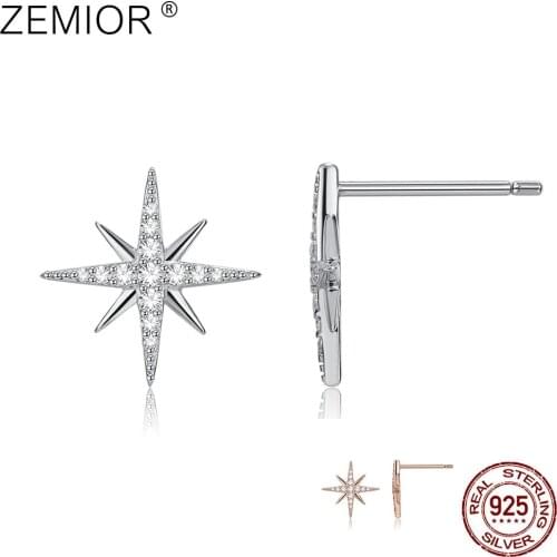 ZEMIOR Genuine 925 Sterling Silver Clear CZ Star Earrings For Women Simple Trendy Rose Gold Color Earring Studs Fine Jewelry
