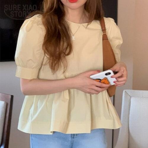 Summer New 2021 Solid Cotton Yellow Blouse Korean Version Sweet Cute Round Collar Bubble Short Sleeve Shirt Blusa Feminina 14832