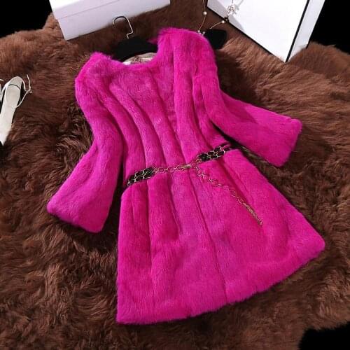 Ethel Anderson Womens 3/4 Sleeve Real Rabbit Fur Long Coat Real Fur Jacket Vintage Style Outwear (Belt not included)