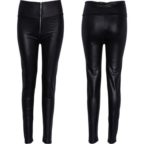 Women High Waisted Zipper Pencil Pants Black Faux Leather Legging with Zipper