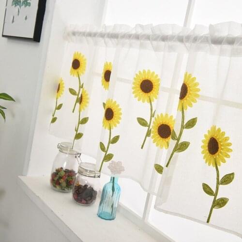 1PC Rod Pocket W100xL55cm Voile Sheer Valance Tier Curtain for Sliding Glass Door Sunflower Embroidery Cafe Hotel Decoration