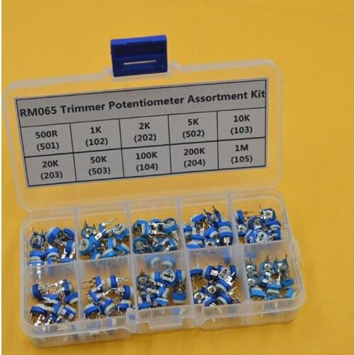 100PCS/Box RM065 Carbon Film Horizontal Trimpot Potentiometer Assortment Kit 10 Values Variable Resistor