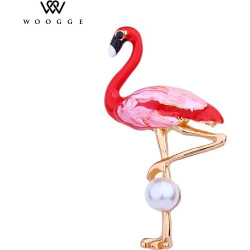 2017 Fashion Jewelry New Red Enamel Pin Metal Pearl Crystal Flamingo Brooch Broches Vintage Animal Rhinestone Brooches For Women