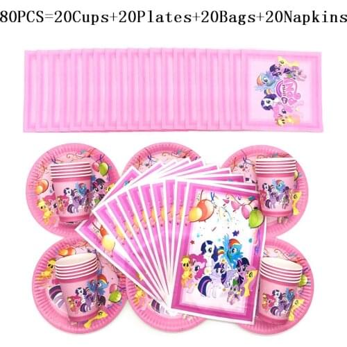 80pcs/50Pcs Kids Girls Faves My Little Pony Cartoon Birthday Paper Cups Plates Napkins Gift bags Birthday Family Party Supplies