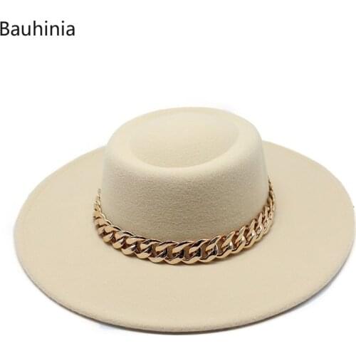 Bauhinia 8.5CM Wide Brim Felt Fedoras Hat With Thick Gold Chain Band Top Hat Panama Women Artificial Wool Jazz Cap