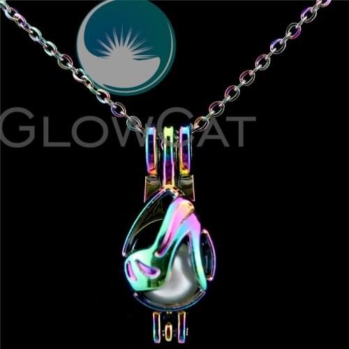 C608 Rainbow Color Tear Drop High Heels Beads Cage Essential Oil Diffuser Aroma Pearl Cage Locket Necklace Women Party Gift