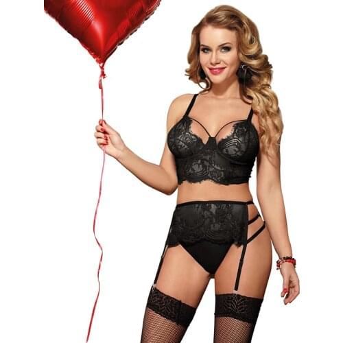 Black Lace Bra Set Women Transparent Bra + Garter Panties Sexy Lingerie Set Plus Size Erotic Underwear Red String RS80804