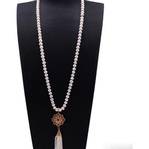 Long Tassel Pearl Necklace for women 9-10mm White Near Round natural freshwater pearl chains
