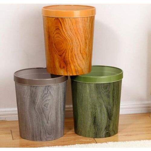 12L Garbage Bin Imitation Wood Grain Round Storage Box Trash Can Organizer Desk Storage Basket