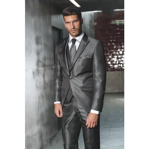 New Style One Button Gray Groom Tuxedos Peak Lapel Groomsmen Best Man Wedding Prom Suits (Jacket+Pants+Vest+Tie)