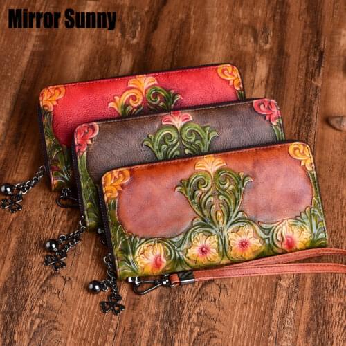 2020 Hot Style Womens Wallet First Layer Cowhide Genuine Leather Zipper Coin Purse Vintage Embossed Autumn Long Clutch Bag