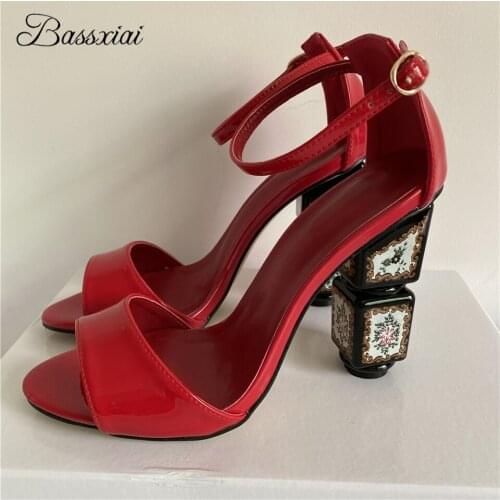 Painted Flower High Heel Sandals Women Sexy One-strap Cover Heels Patent Leather Open Toe Hand-made Summer Sandalias Mujer