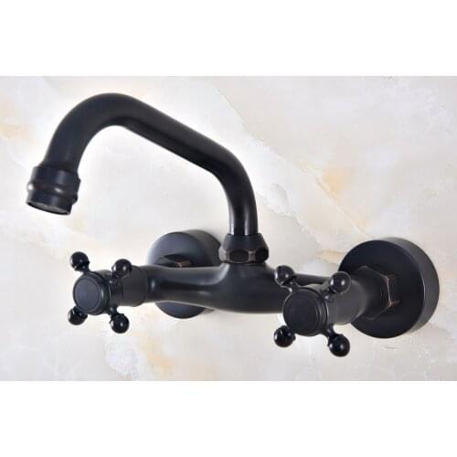 Kitchen Wet Bar Bathroom Vessel Sink Faucet Black Oil Rubbed Bronze Wall Mounted Swivel Spout Mixer Tap Dual Cross Handle mnf811