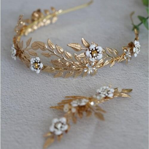 Jonnafe Hand wired Gold Leaf Tiara Bridal Hair Crown Accessories Vintage Wedding Comb Hair Jewelry For Women Prom