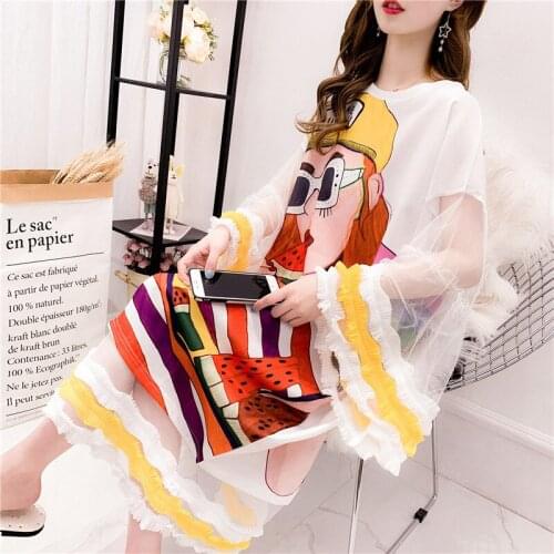 Womens Long T-shirt Skirt Loose Over The Knee Large Size Stitching Lace Half-sleeved Top Women Summer Dress M-2XL