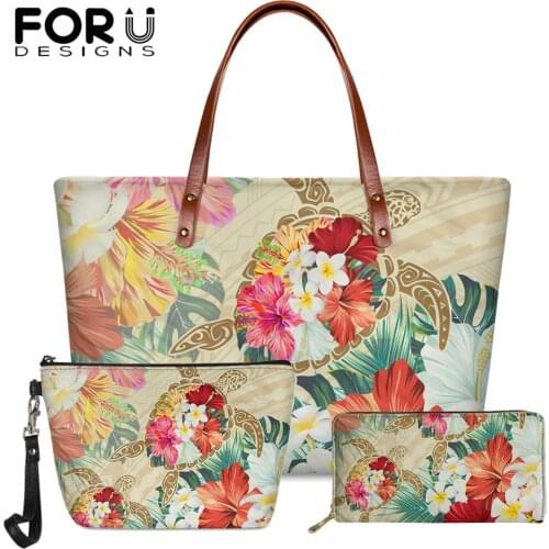 FORUDESIGNS Hawaiian Female Handbags And Wallets 3Pcs Set Hawaii Floral Turtle Pattern Womens Casual Totes Bolsos Para Mujer