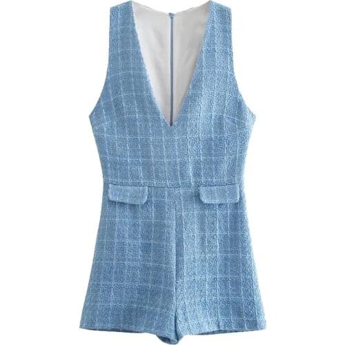 2021 New Women Chic Fashion False Pockets Tweed Playsuits Vintage Sleeveless Back Zipper Female Short Jumpsuits Mujer