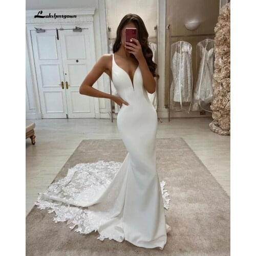 Deep V-Neck Mermaid Wedding Dresses 2021 Cap Sleeve Lace Appliques Backless Formal Satin Bridal Gown Long Sweep Train