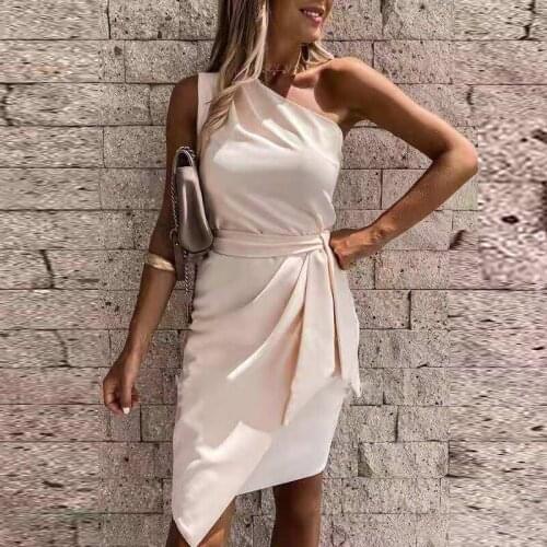 Women Elegant Off Shoulder Solid Party Dress Sexy Sleeveless Slim Design Belt Mini Dresses 2021Casual Irregular Drape Robe Mujer