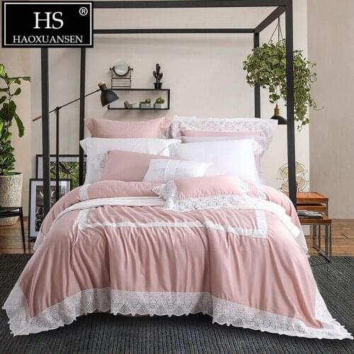 1000 Thread Count Pale Mauve Lace 4 Piece Bedding Sets 100% Tencel Lyocell Princess Wedding Bed Linen Set Queen King Size