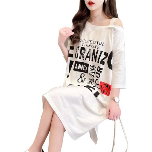 2021Summer Women Short Sleeve O-Neck Letter Print Long T-Shirt Pullover Tops Cotton Tee Dress Oversize Tops Blusa FC1019