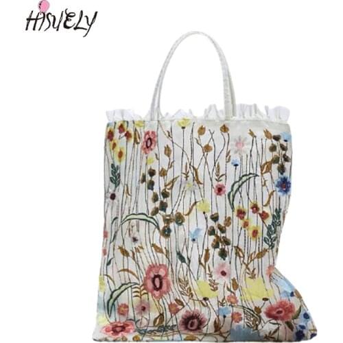 2021 Fashion Tote Summer New Style Mesh Full Embroidery Flowers Clear Shoulder Bag Romantic Single Shoulder Shopping Bag BG1910