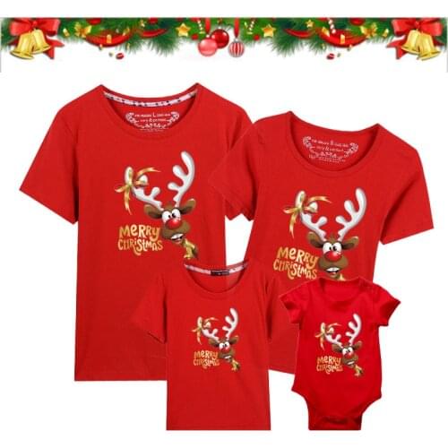 Christmas Deer Print Family Matching Clothes Adult Kids T-Shirts Red Tops Xmas Mommy and Me Clothes Baby Girl Boys Bodysuit