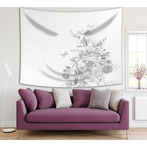 Tapestry Abstract Butterflies Flowers Leaves Bouquet Floral Monochrome Modern Artwork Printed Gray