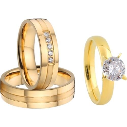 3pcs Lovers Alliance 14k Gold Plated Proposal Ring Gents & Ladies Wedding Engagement Rings Set for Men And Women