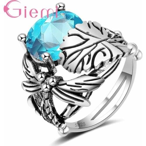 New Arrival Flower Design Dragonfly Leaf Band 925 Sterling Silver Jewelry Red Blue Green Clear AAA+ Zirco Ring