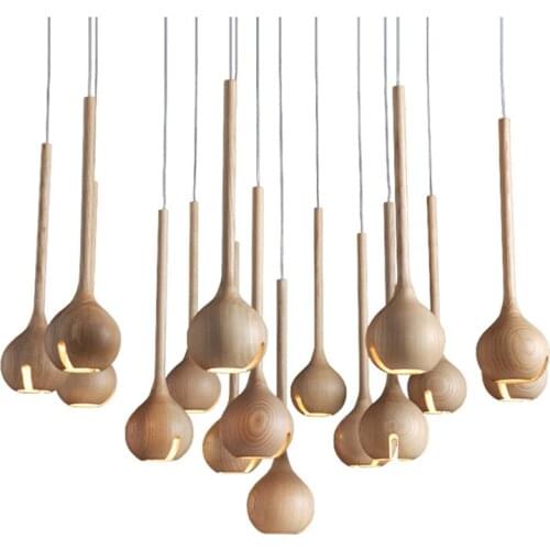 Chinese Style Creative Solid Wood Pendant Lights Wooden Gourd Hang Lamp for Living Room Restaurant Cafe Home Lighting Fixtures