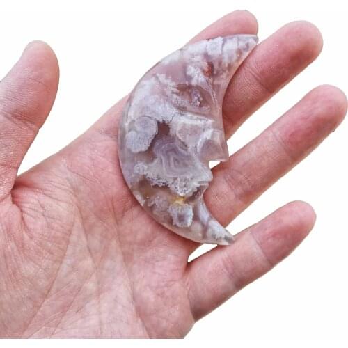 Natural Flower Agate Moon Healing Crystal Stone Moon Beauty Carving Moon For Home Decoration